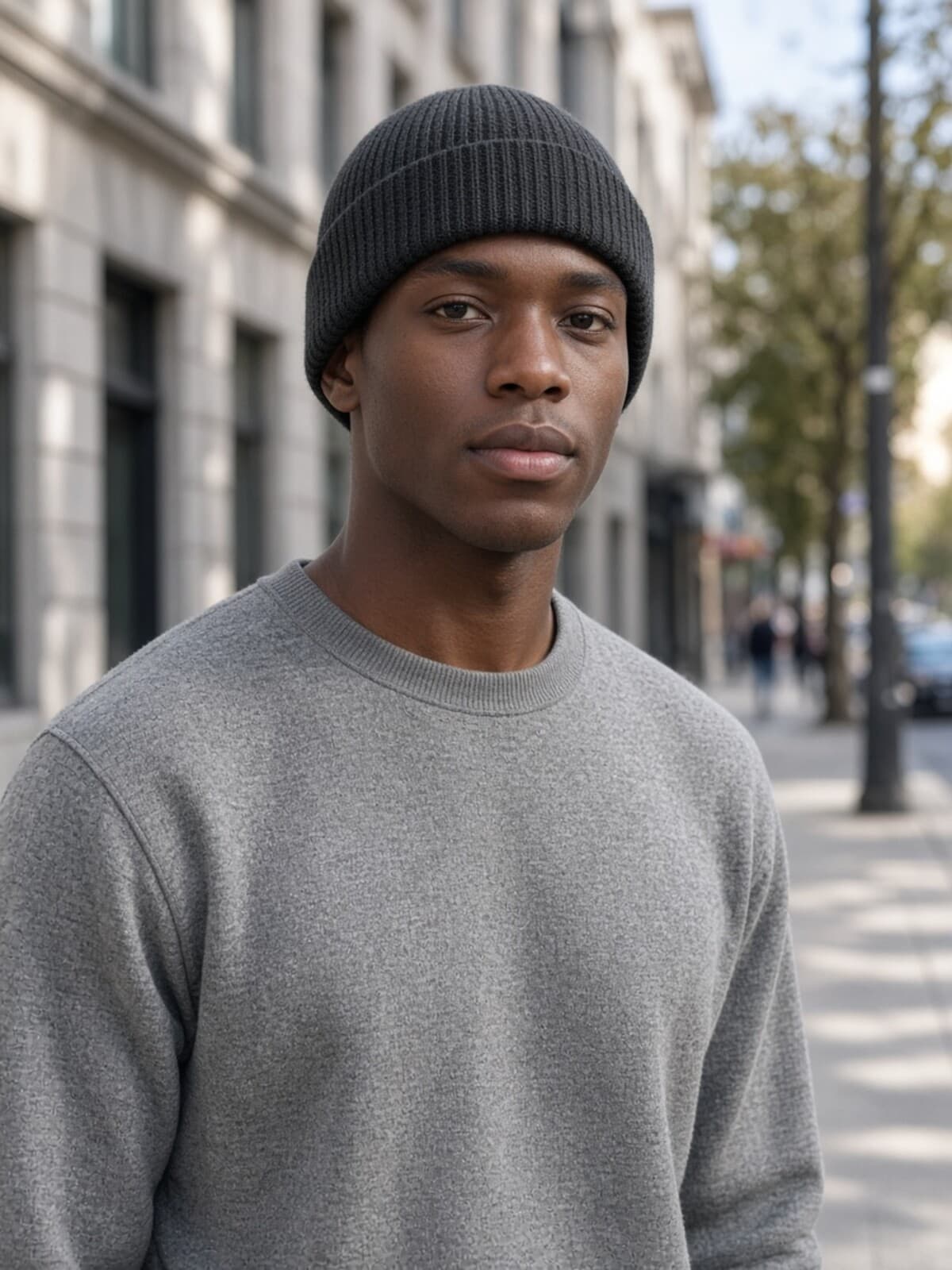 Man wearing a knit beanie and sweatshirt