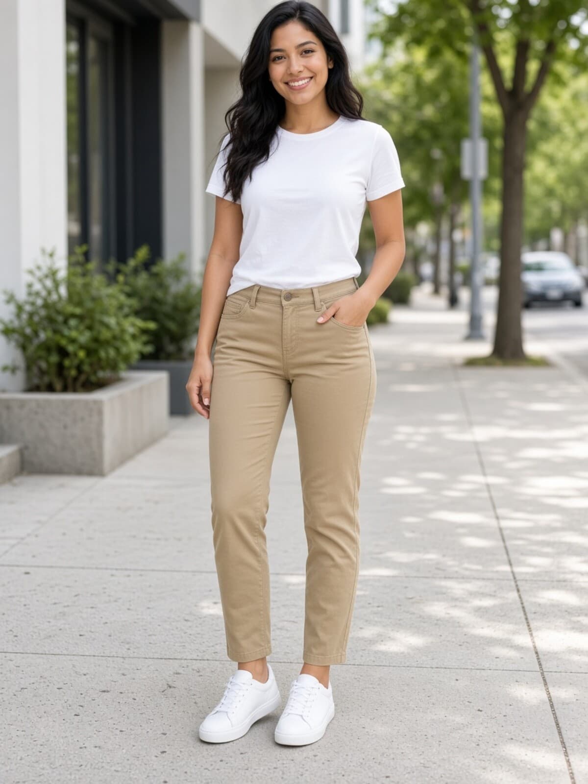 Woman wearing khaki chino pants